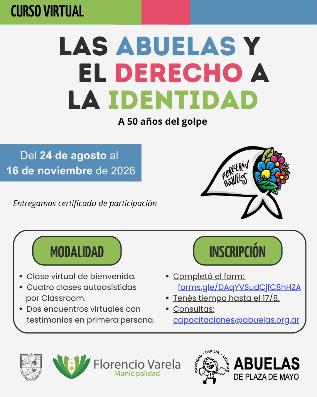Abierta la inscripción al curso virtual: “Las Abuelas y el derecho a la identidad, a 50 años del golpe”

