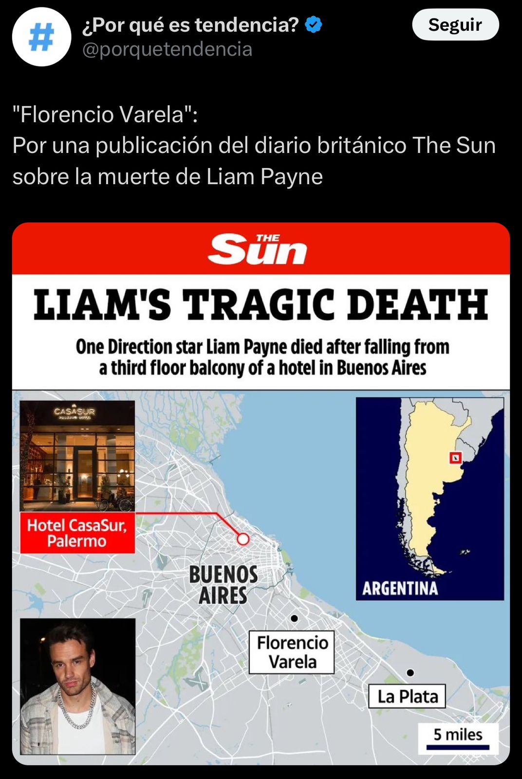 Florencio Varela fue Tendencia por una publicación del diario británico The Sun sobre el fallecimiento de Liam Payne 