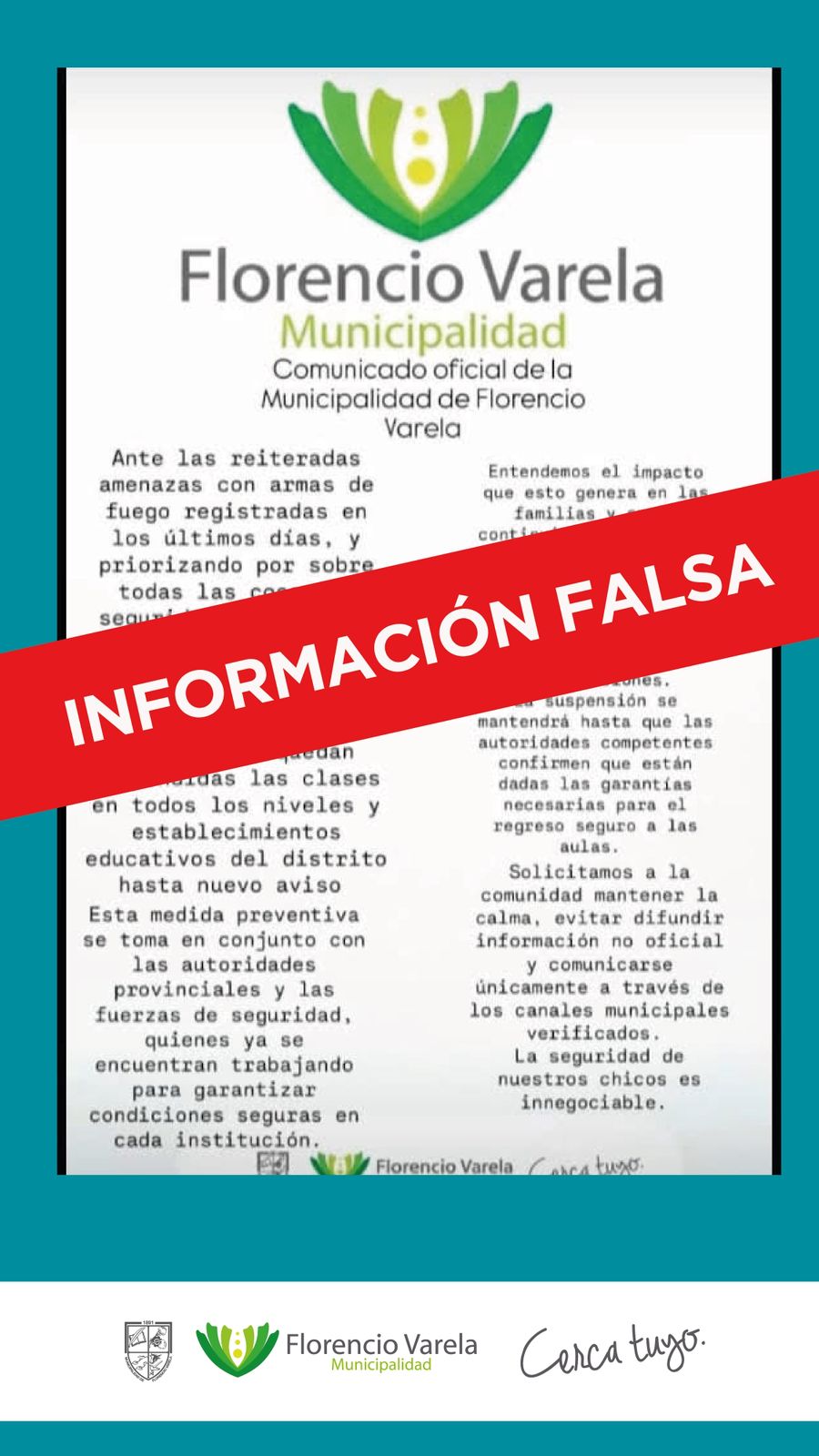 Andrea Digiobani: “Las clases no están suspendidas en Florencio Varela. Desmentimos los rumores de redes sociales”. 